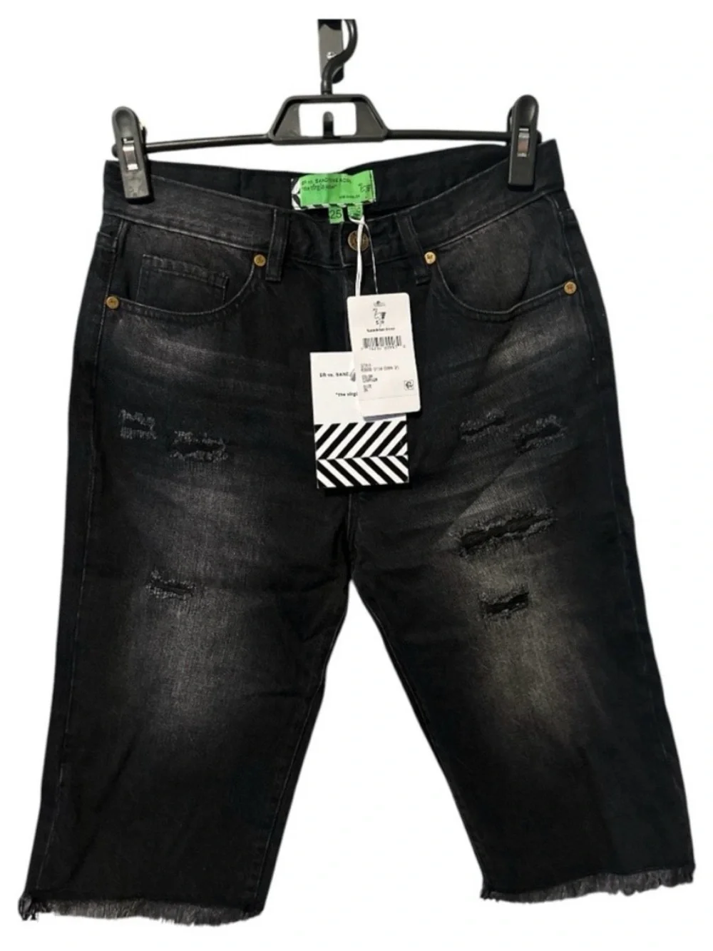 SR Sandrine Rose Bermuda Cropped Distressed Black Denim Long Jeans Shorts 25